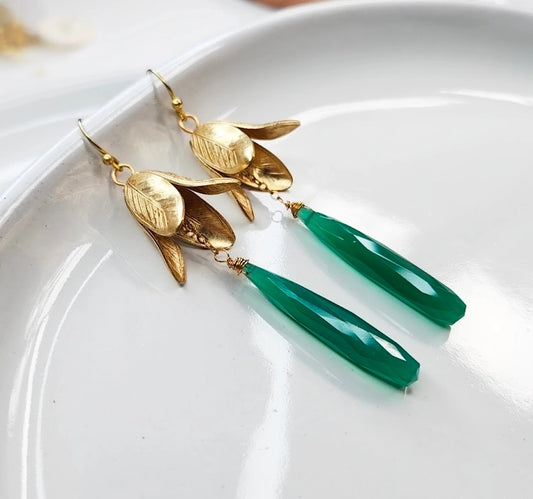 Bellflower and Green Onyx Teardrop Statement Earrings