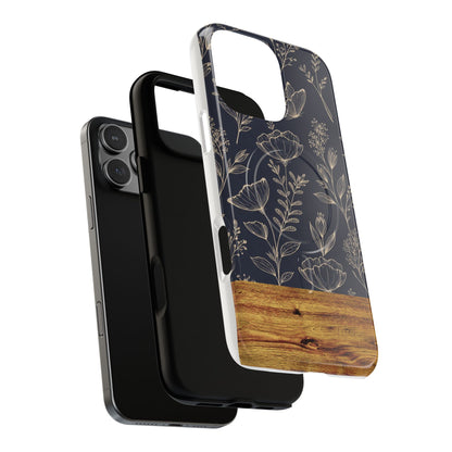 Floral Woodgrain Tough Magnetic Phone Case — Navy Botanical Protection