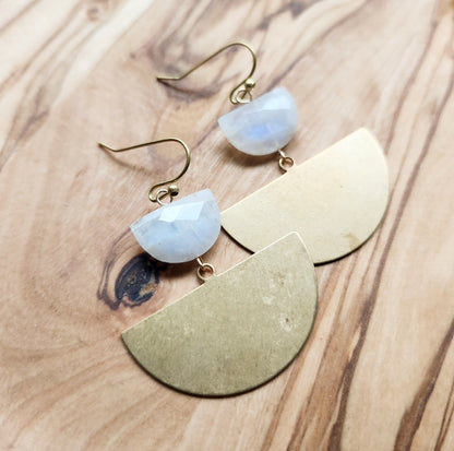 Crescent Rainbow Moonstone and Brass Statement Earrings