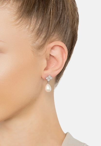 Clover Flower Pearl Drop Cz Earrings Silver
