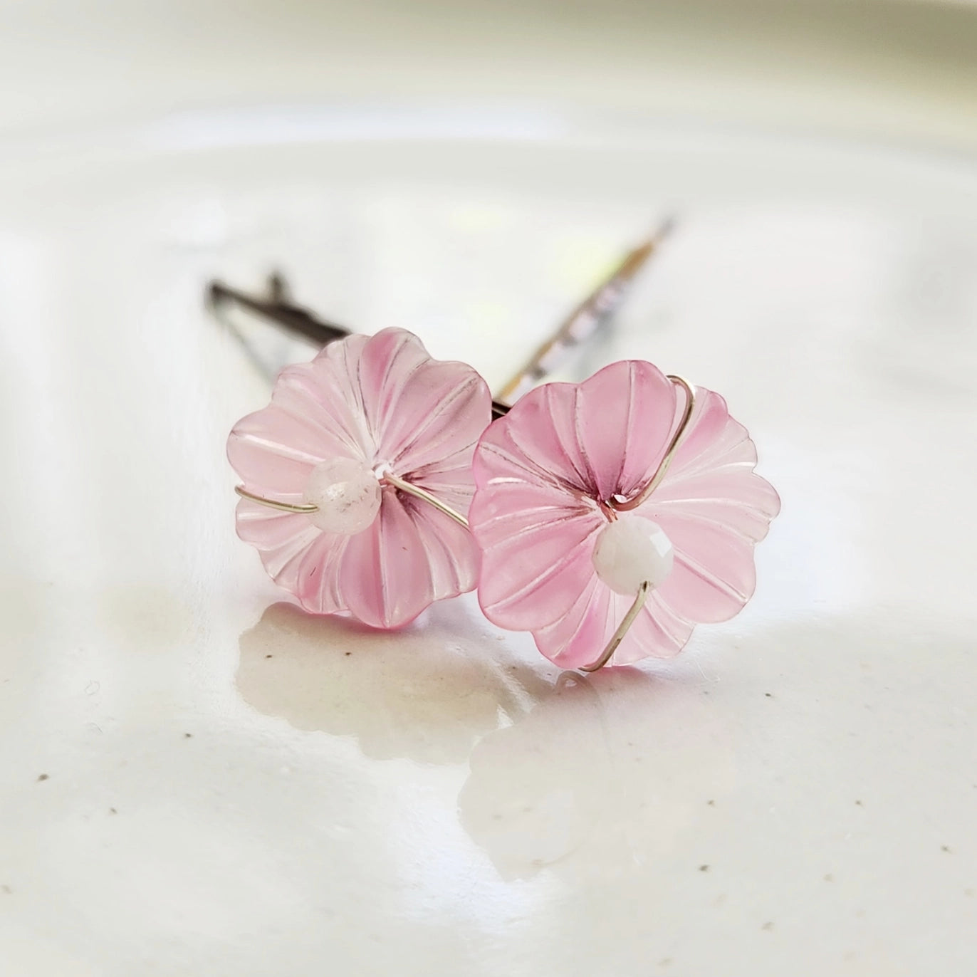 Light Blue, Pink & Moonstone Vintage Lucite Flower Hairpin