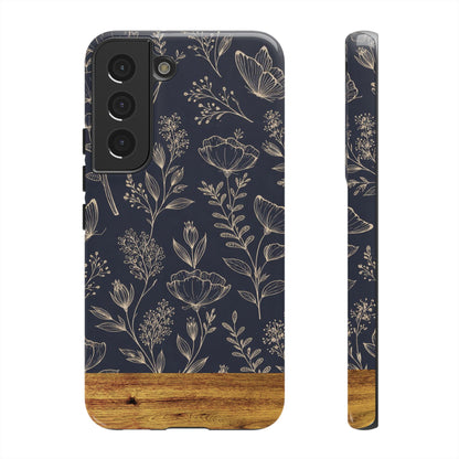 Floral Navy Tough Phone Case — Wood Accent Protective Cover