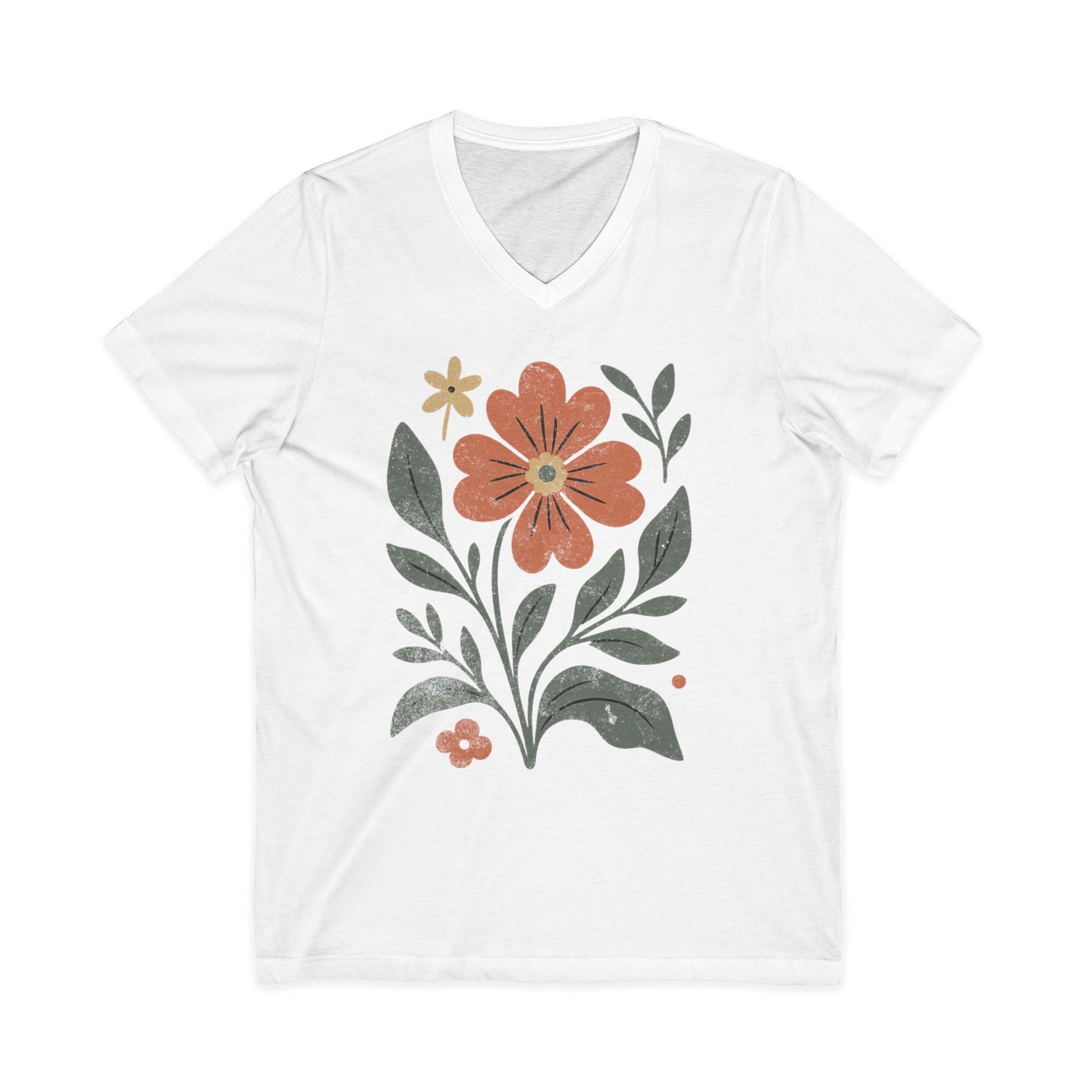 Vintage Distressed Orange Flower - Short Sleeve V Neck