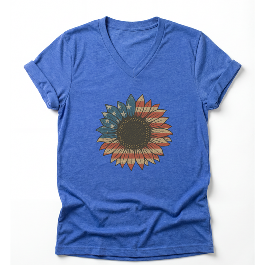 Floral Stars and Stripes - Short Sleeve V-Neck Tee