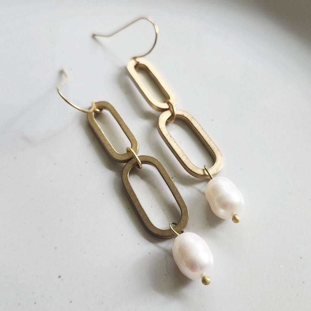 Brass Oval, Lapis Lazuli and Pearl Statement Dangle Earrings