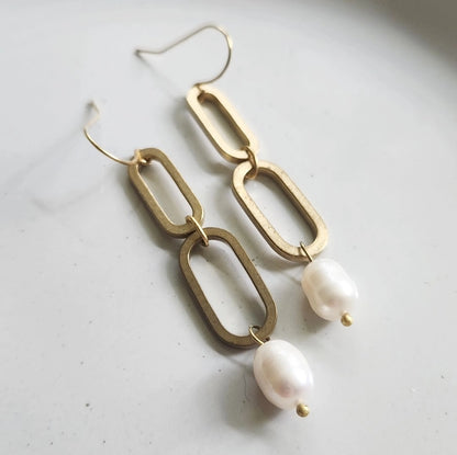 Brass Oval, Lapis Lazuli and Pearl Statement Dangle Earrings