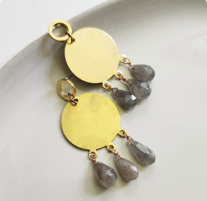 Rainbow Labradorite and Brass Geometric Chandelier Earrings