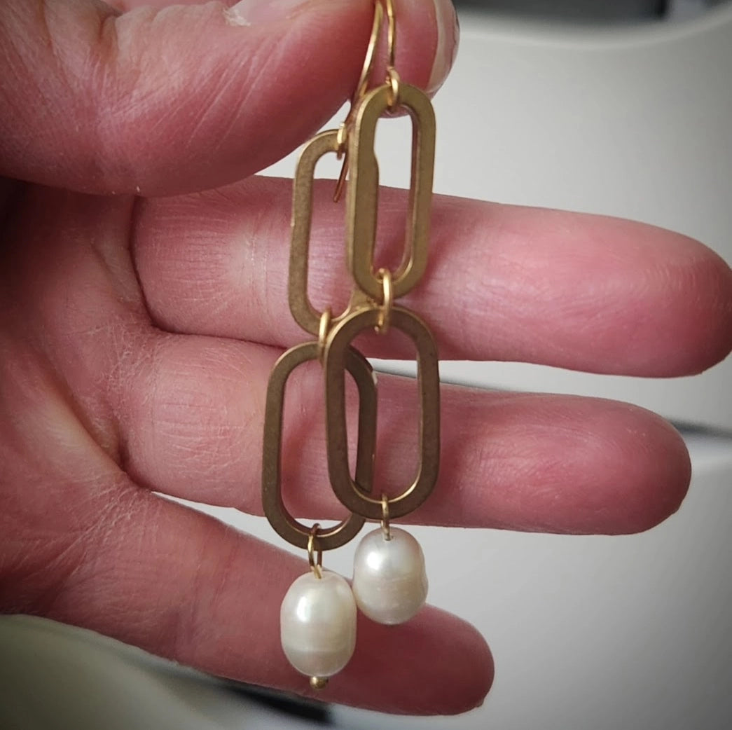 Brass Oval, Lapis Lazuli and Pearl Statement Dangle Earrings
