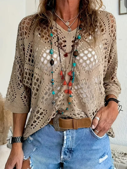 Green Bohemia -  V-Neck  Semi-Sheer Resort Style Pullover