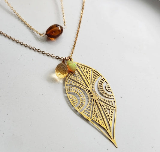 Golden Gemstone and Floral Layering Necklaces For Fall