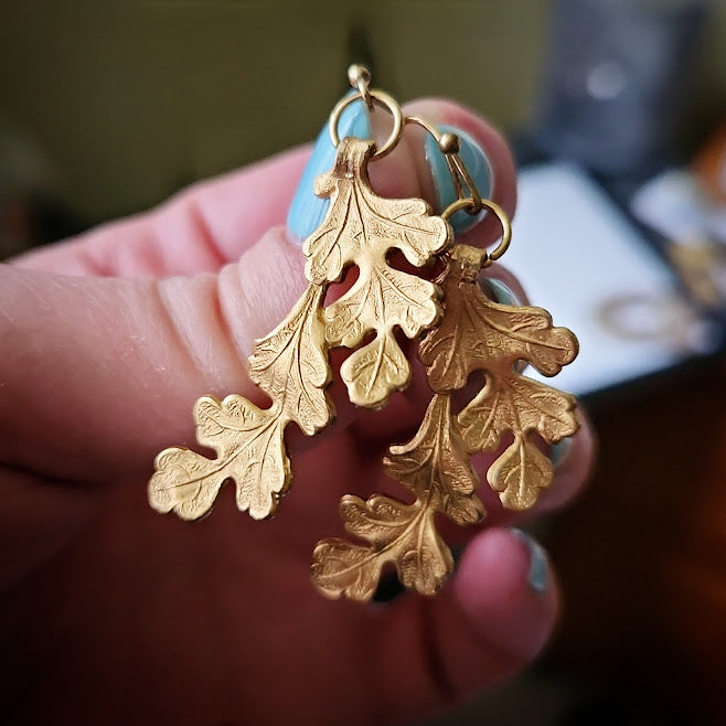 Brass Oak Leaf Cluster Earrings, Thanksgiving Style