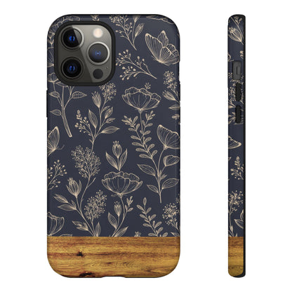 Floral Navy Tough Phone Case — Wood Accent Protective Cover