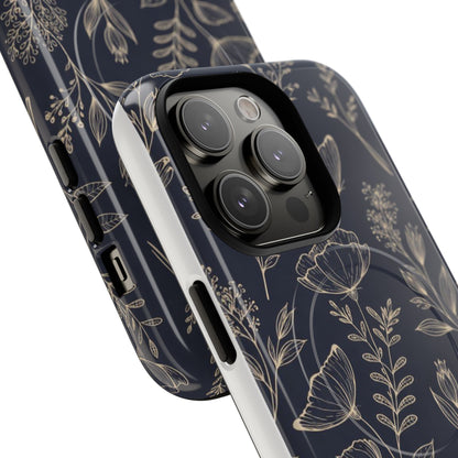 Floral Woodgrain Tough Magnetic Phone Case — Navy Botanical Protection