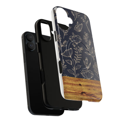 Floral Woodgrain Tough Magnetic Phone Case — Navy Botanical Protection