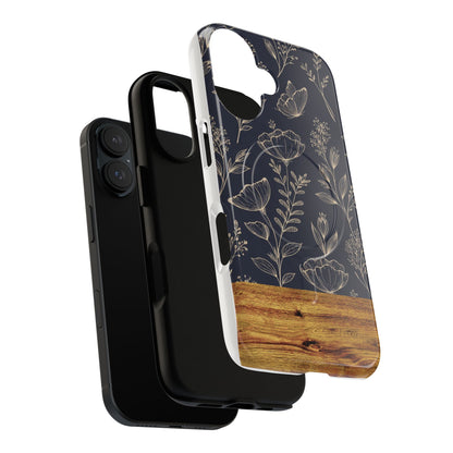 Floral Woodgrain Tough Magnetic Phone Case — Navy Botanical Protection