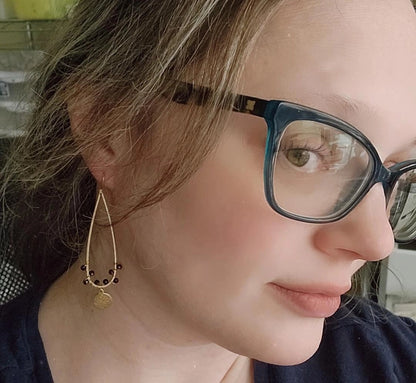 Gemstone and Brass Lotus Charm and Teardrop Dangle Earrings
