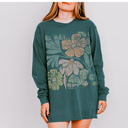 Artistic Boho Floral, Faded Distressed Print- Comfort Colors Long Sleeve Premium T Shirt