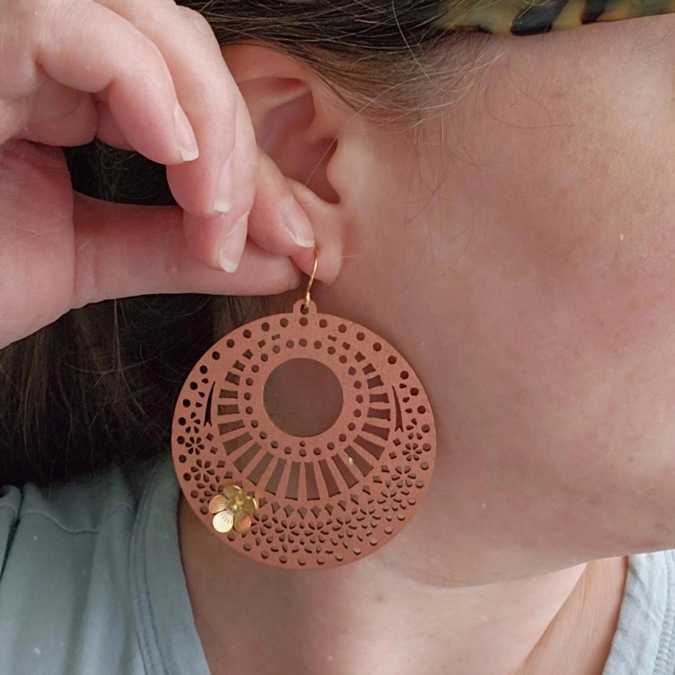Wood & Brass Flower Boho Dangle Earrings, Polka Dot Details