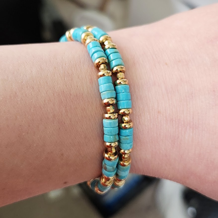 Blue Howlite and Brass Stackable Beaded Stretch Bracelets
