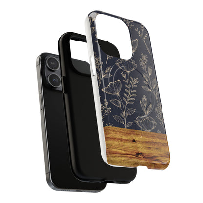 Floral Woodgrain Tough Magnetic Phone Case — Navy Botanical Protection