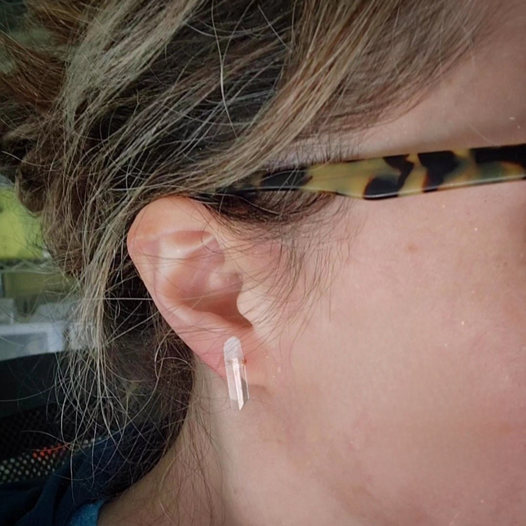 Natural Clear Quartz Crystal & Brass Handmade Post Earrings
