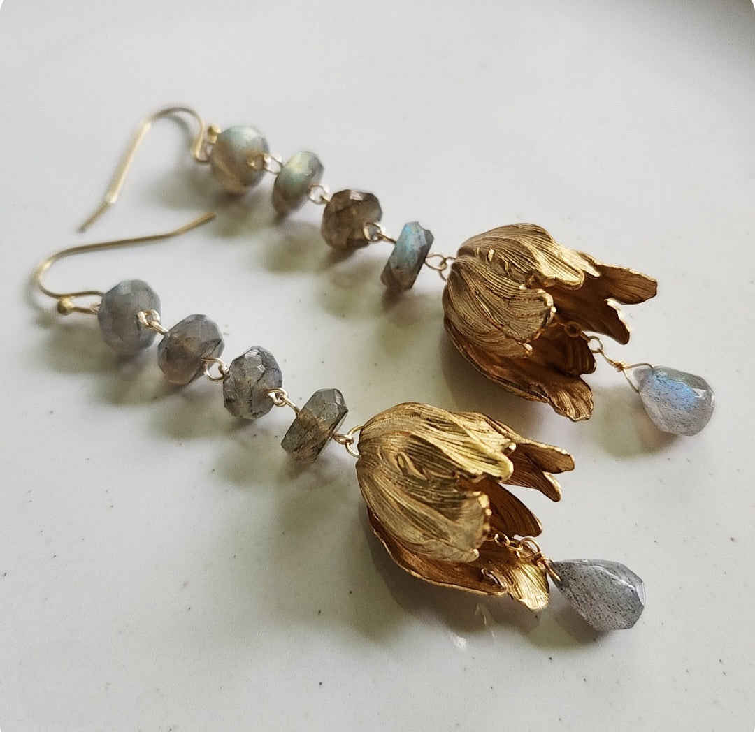 Faceted Labradorite and Textured Brass Tulip Dangle Earrings