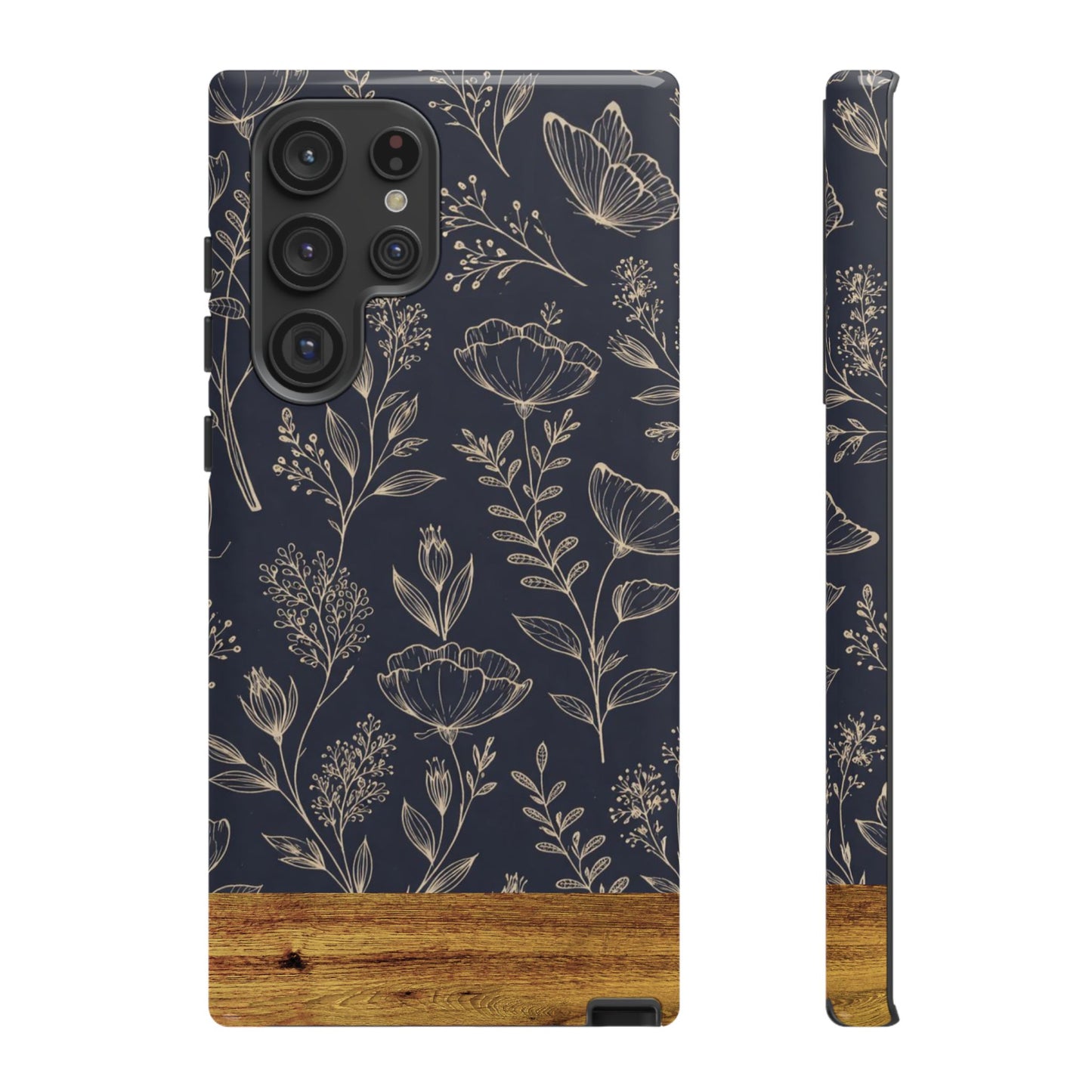 Floral Navy Tough Phone Case — Wood Accent Protective Cover