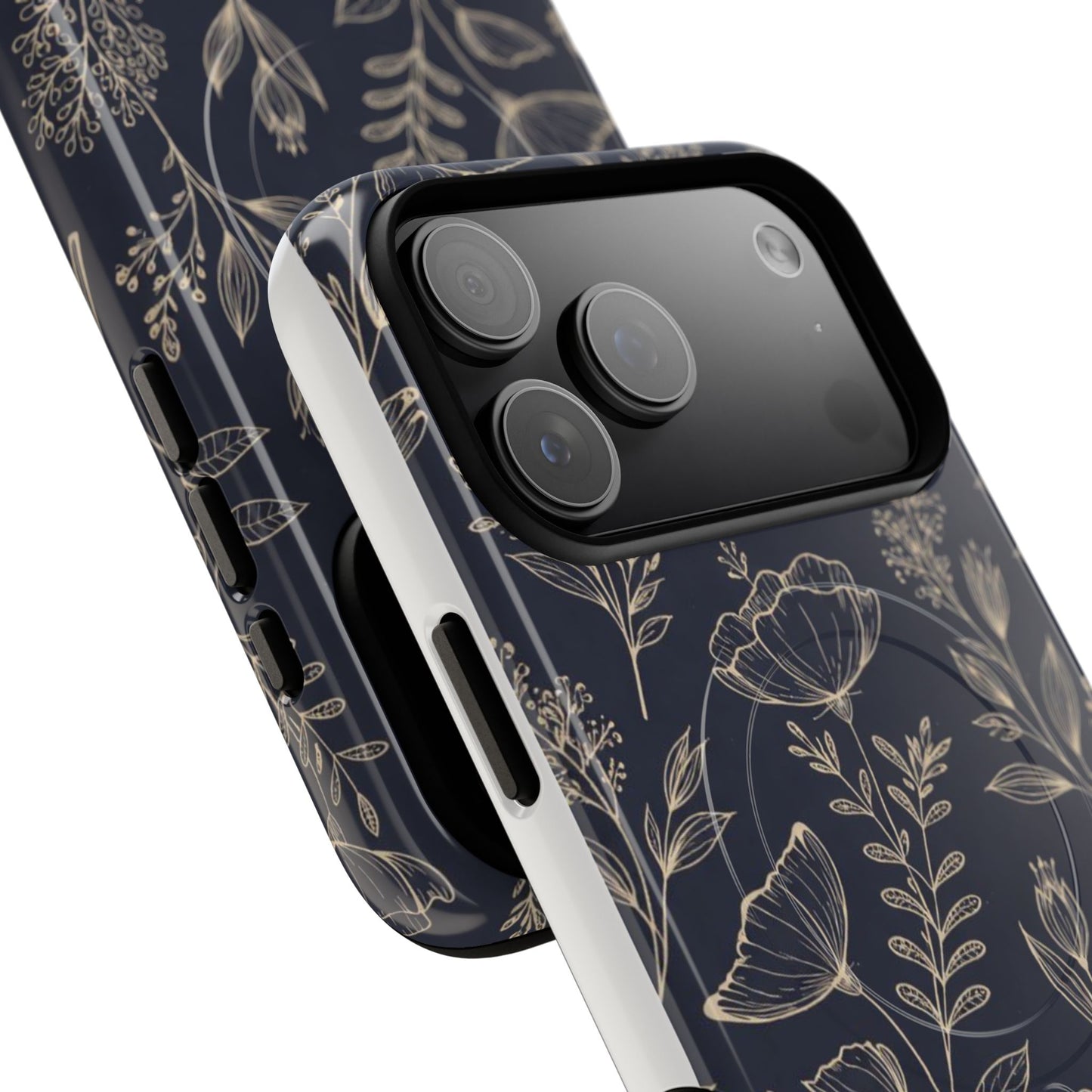 Floral Woodgrain Tough Magnetic Phone Case — Navy Botanical Protection