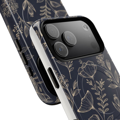 Floral Woodgrain Tough Magnetic Phone Case — Navy Botanical Protection