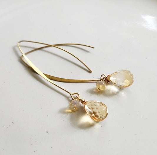 Faceted Citrine Briolettes, Ethiopian Opal Dangle Earrings