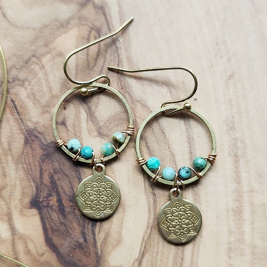 Gemstone & Lotus Charm Beaded Wire Wrapped Dangle Earrings