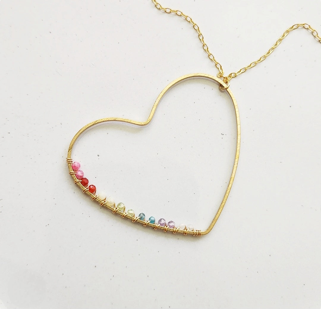 Rainbow Gemstone Wire Wrapped Heart Pendant Necklace