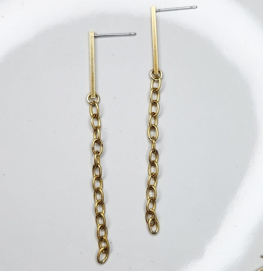Edgy Brass Bar and Chain Dangle Post Earrings
