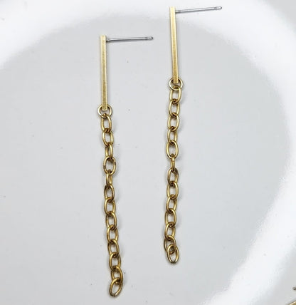 Edgy Brass Bar and Chain Dangle Post Earrings
