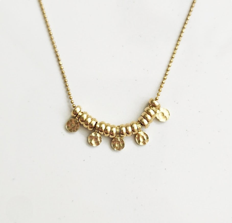 Hammered Disc Brass Charm Beaded Necklace
