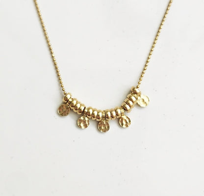 Hammered Disc Brass Charm Beaded Necklace