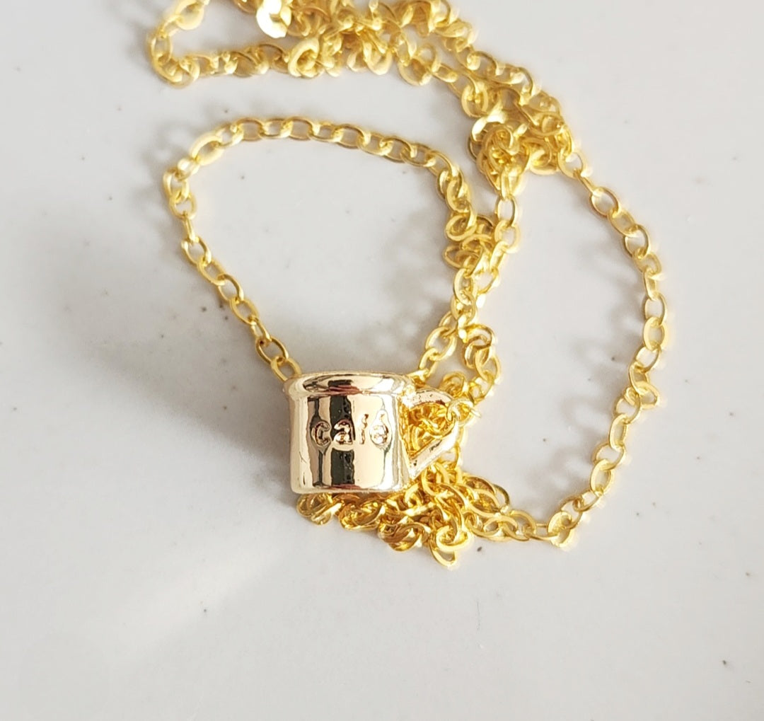Gold Plated Cafe Inscribed Coffee Mug & Bean Charm Necklace