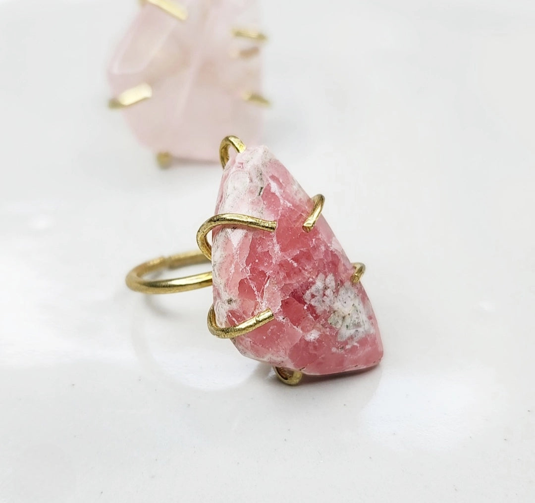 Madagascar Rose Quartz, Rhodochrosite & Brass Rings