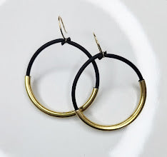 Threaded Black Rubber, Brass & Silver Hoop Dangle Earrings