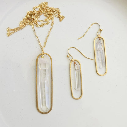 Clear Quartz Crystal and Brass Oval Pendant and Earrings