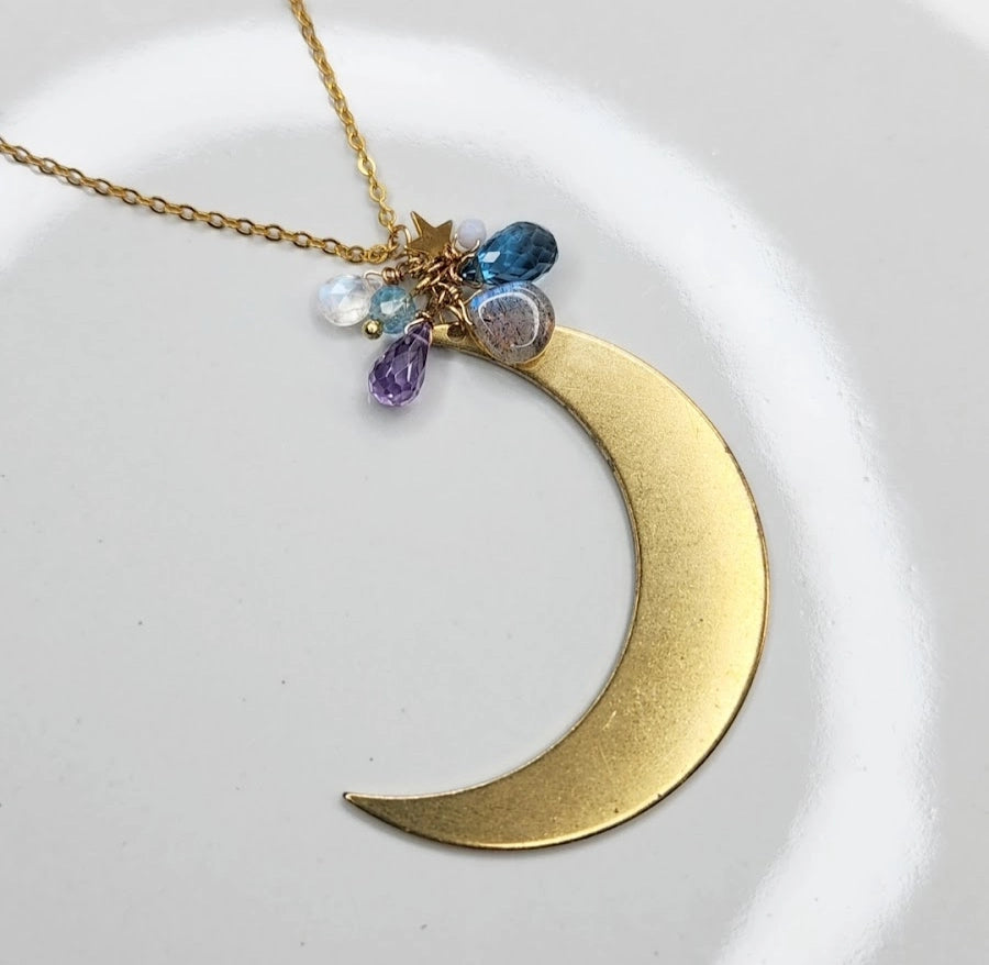 Gemstone Cluster with Moon & Star Zodiac Pendant Necklace