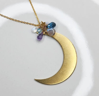Gemstone Cluster with Moon & Star Zodiac Pendant Necklace