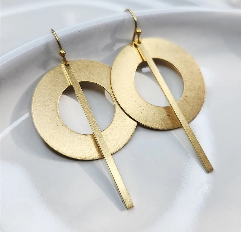 Hoop and Bar Brass Geometric Dangle Earrings