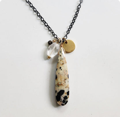 Dalmatian Jasper & Gemstone Cluster Pendant On Black Brass