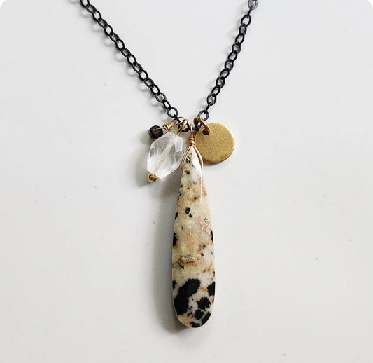 Dalmatian Jasper & Gemstone Cluster Pendant On Black Brass