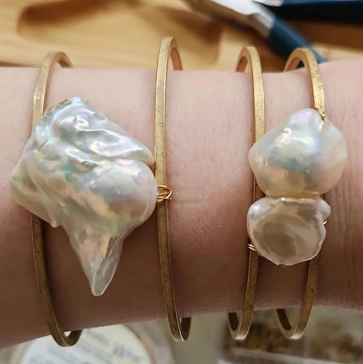 Bold Natural Baroque Pearl Wrapped Brass Cuff Bracelet