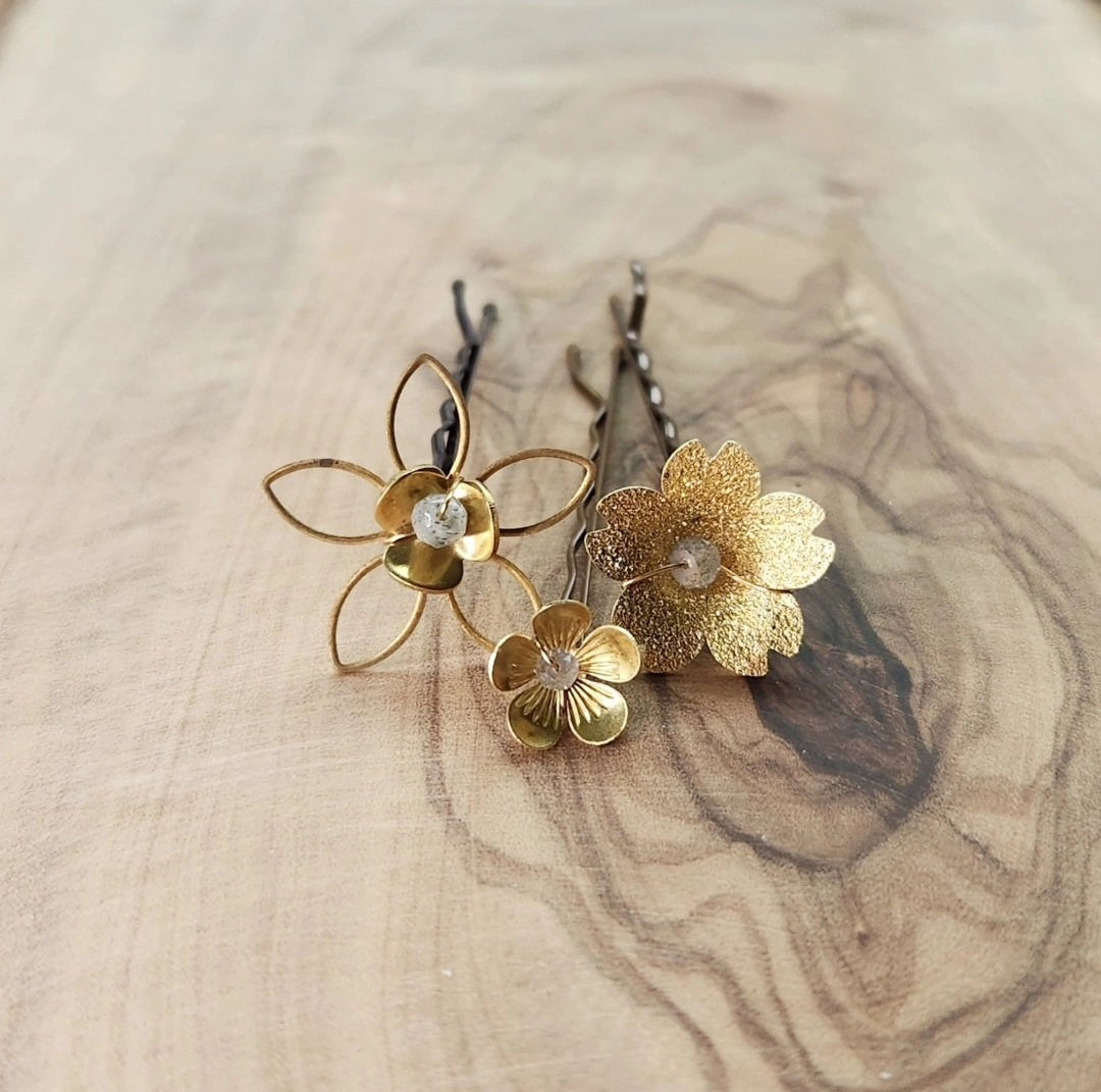Brass Flower & Rainbow Labradorite Hairpins For Any Hairdo