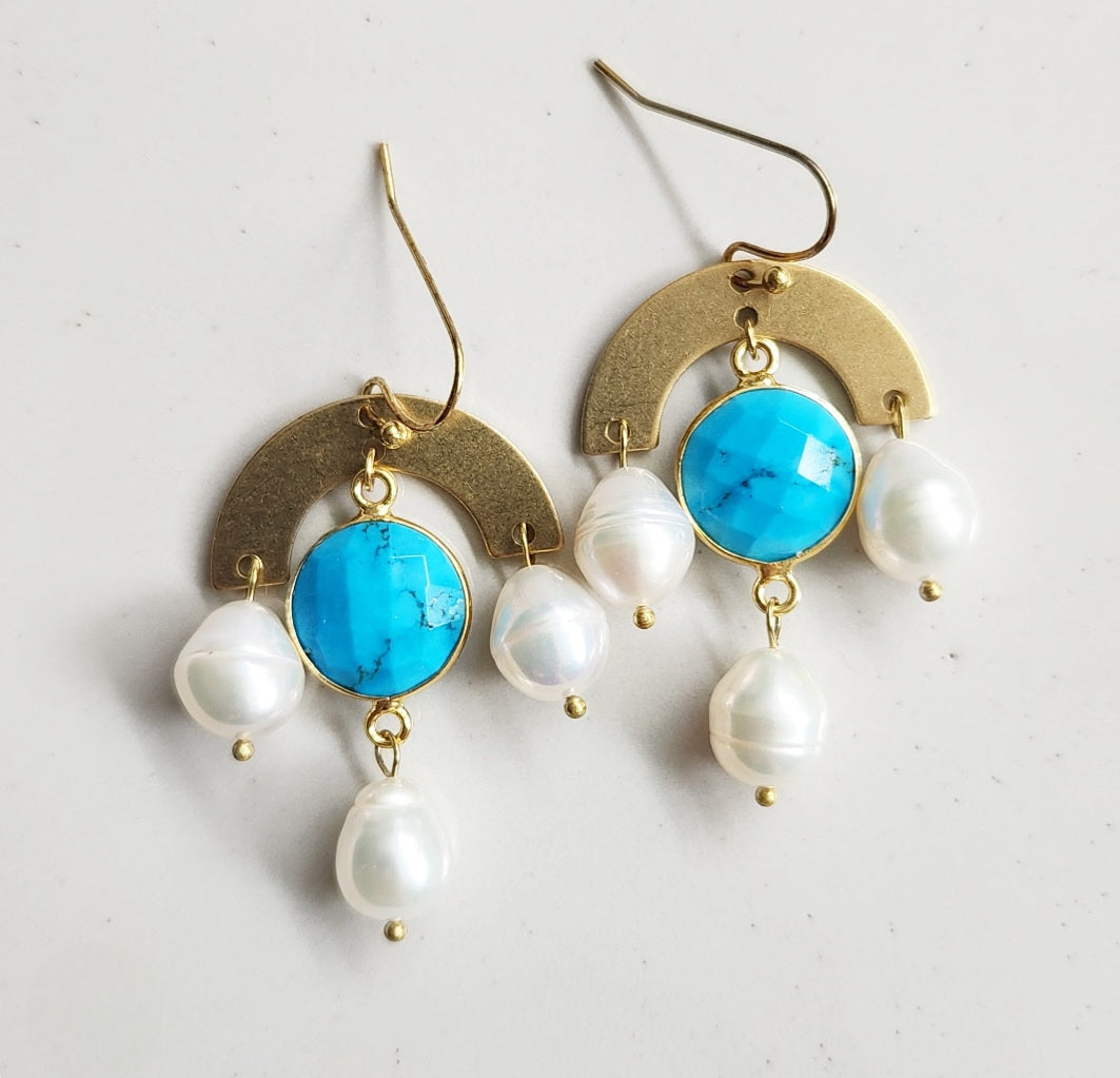 Turquoise and Pearl with Brass Chandelier Dangle Earrings