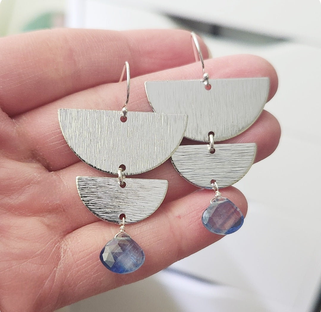 Blue Kyanite and Texture Brass, Silver Moon Phase Earrings