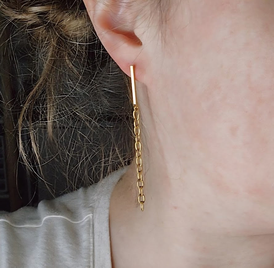 Edgy Brass Bar and Chain Dangle Post Earrings